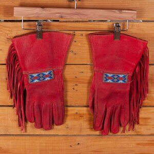 Vintage Handmade Native Style Leather Gauntlet Gloves with Beadwork and Fringe